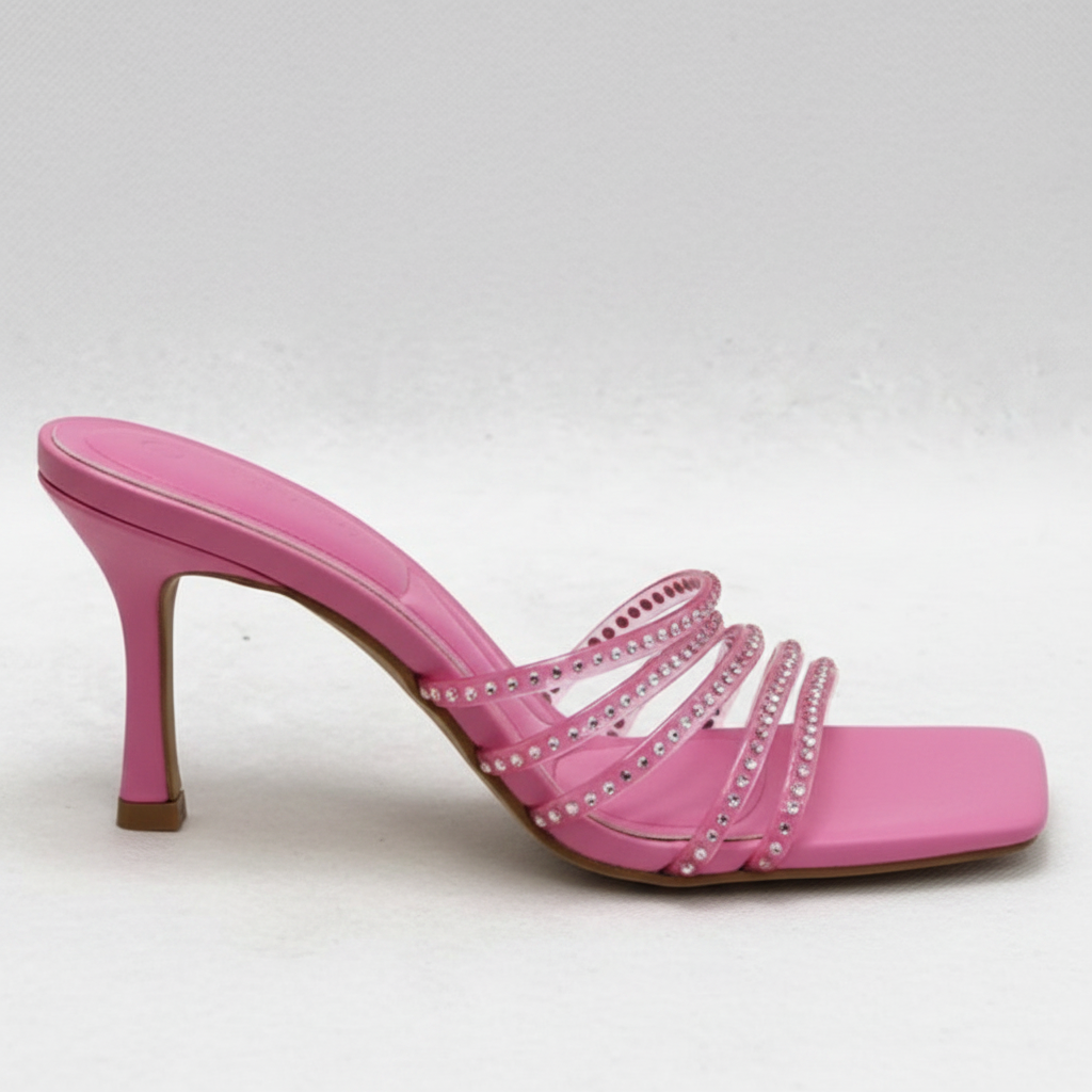 Pink Rhinestone Multi-Strap Mule Heels | Evening Stiletto Sandals