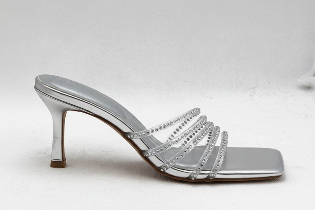 Silver Rhinestone Multi-Strap Mule Heels | Evening Stiletto Sandals
