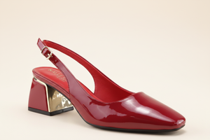 Side view Glossy red square-toe slingback heel with gold-accented block heel
