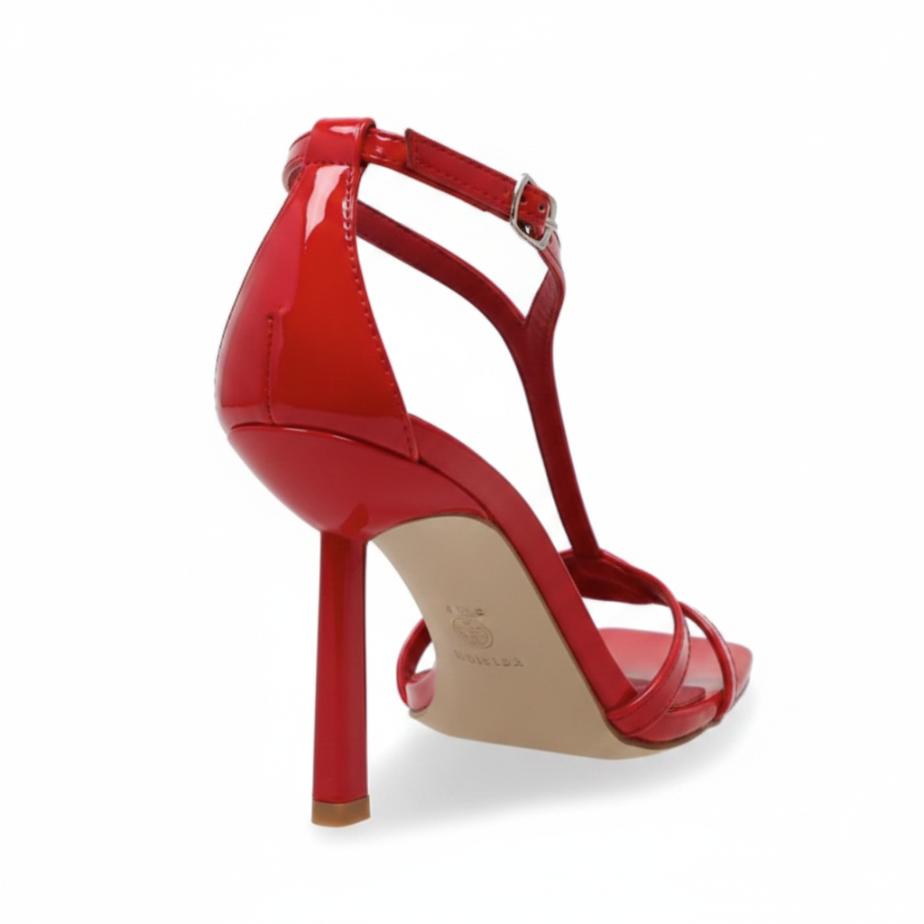 T-Strap Stiletto Heel – Red Patent Leather Square Toe