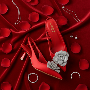 Women's Suka Red Satin Slingback Heels – Crystal Flower Pointed Toe Kitten Heel | DDK Suka