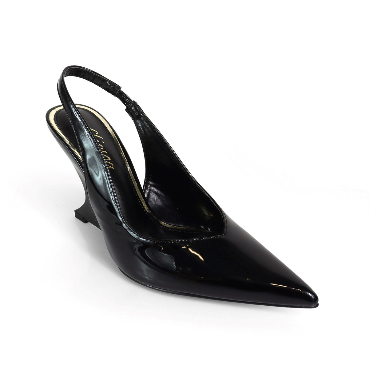 Renata Black Patent Slingback Wedge Heel | Sculptural Heel | Pointed Toe