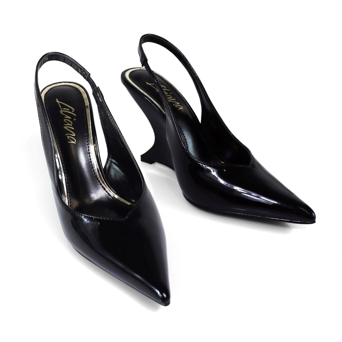 Renata Black Patent Slingback Wedge Heel | Sculptural Heel | Pointed Toe
