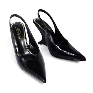Renata Black Patent Slingback Wedge Heel | Sculptural Heel | Pointed Toe
