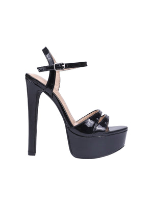 Black Patent Platform Stiletto Heels — Women's High Heel Ankle Strap Sandals