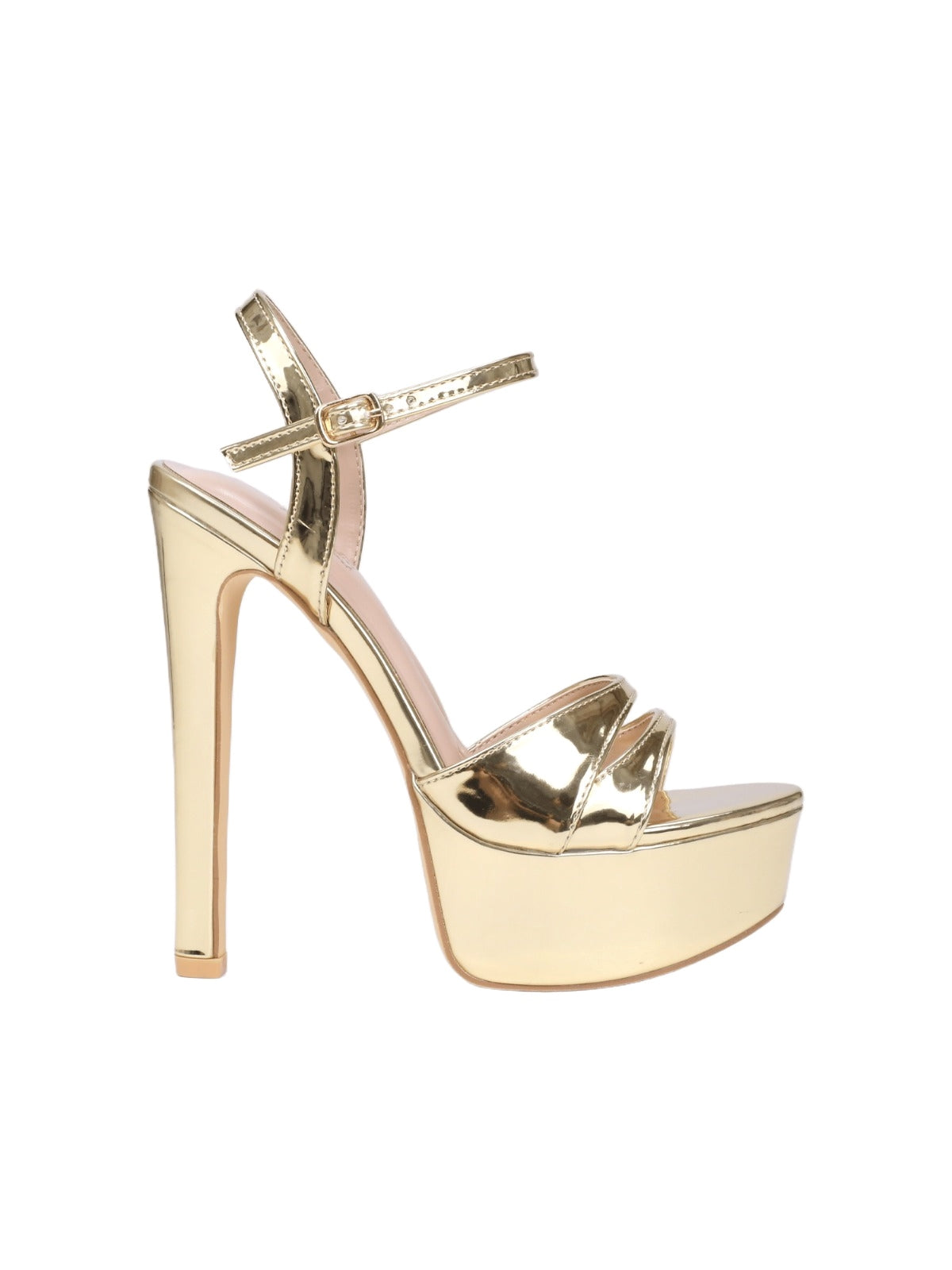 Gold Patent Platform Stiletto Heels — Women's High Heel Ankle Strap Sandals