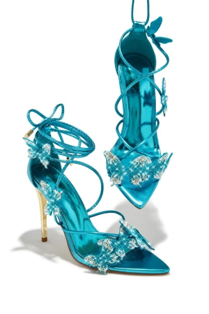 Women's Blue Ronni Butterfly Detail Lace-Up Stiletto Heels - Pointy Peep Toe