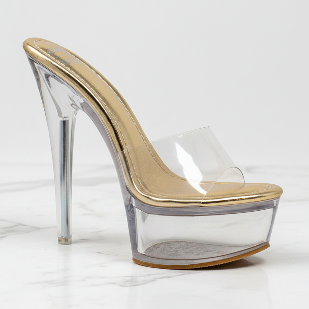 Serenity Clear Platform Stiletto Mule Heels – Gold | Chase & Chloe
