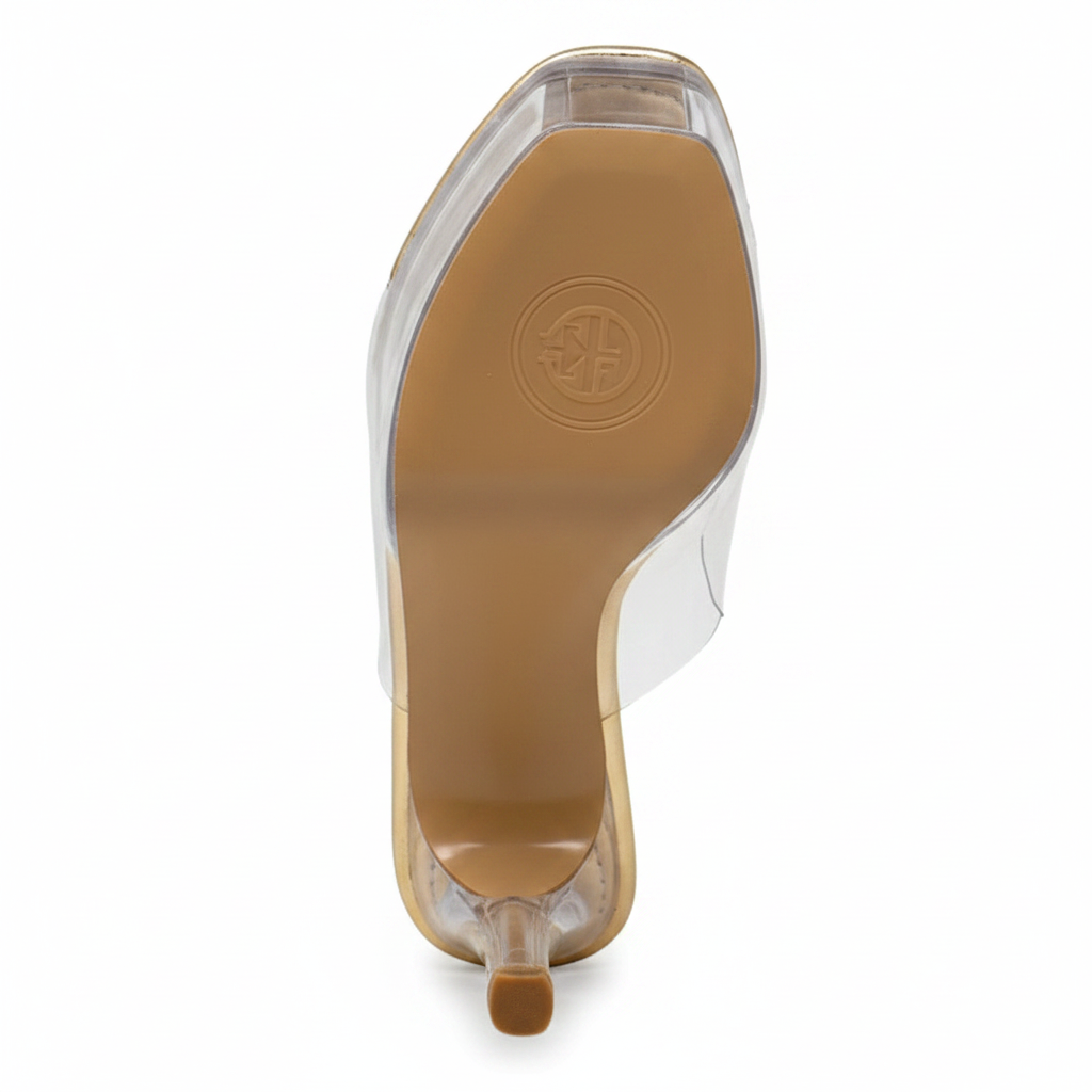 Serenity Clear Platform Stiletto Mule Heels – Gold | Chase & Chloe