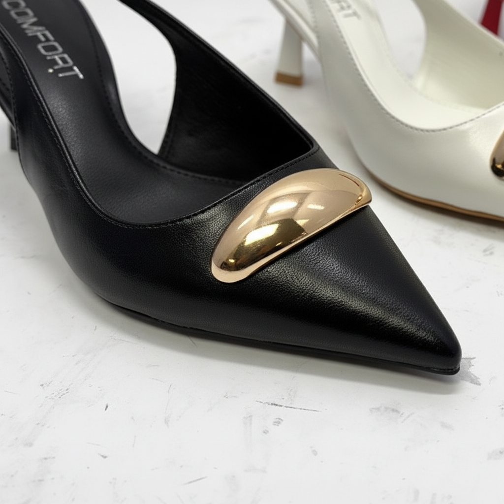 Black Leather Slingback Kitten Heels | Gold Buckle Pointed Toe Pumps