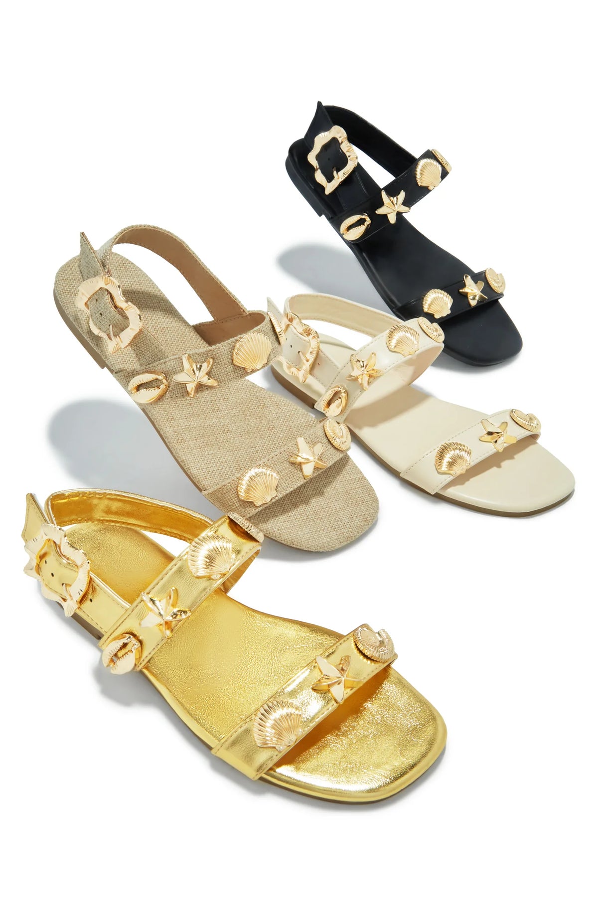 Women's Black Shelley Sea Shell & Starfish Flat Sandals - Adjustable Strap Beach Sandals