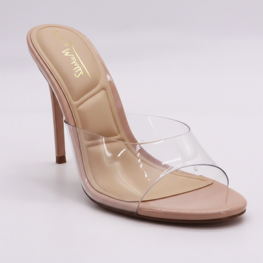 Anne Michelle Showy Clear PVC Stiletto Mule Heels – Open Toe Slip-On High Heels