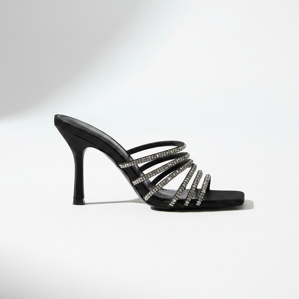 Prom Black Rhinestone Multi-Strap Mule Heels | Evening Stiletto Sandals
