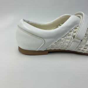 White Woven Flats — Women's Leather Mesh Double-Strap Velcro Shoes