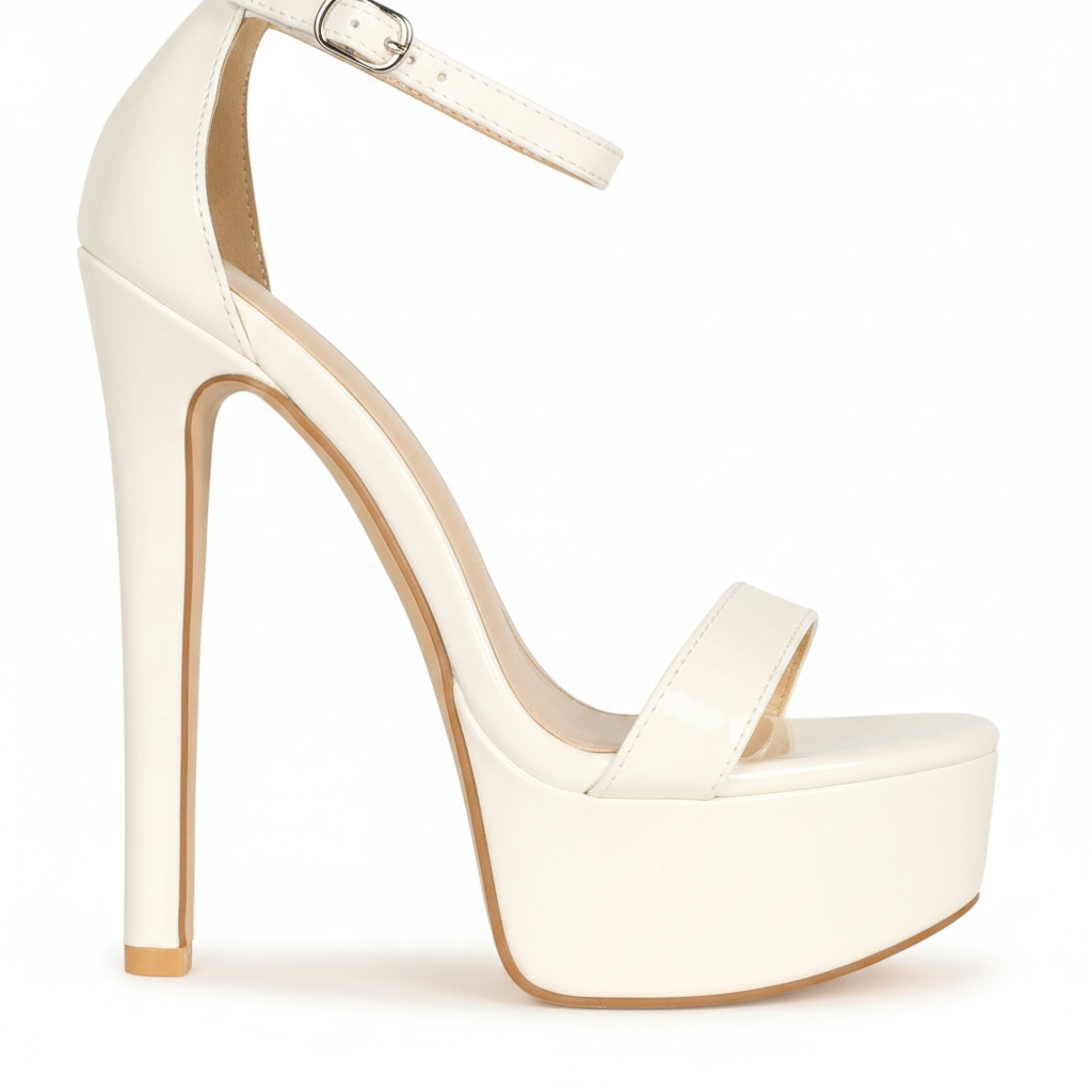 Nina White Patent Platform Stiletto Heels — Women's Ankle Strap High Heel Sandals