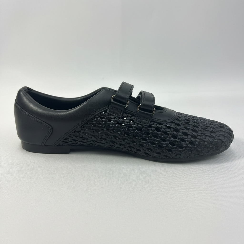 Black Woven Flats — Women's Leather Mesh Double-Strap Velcro Shoes