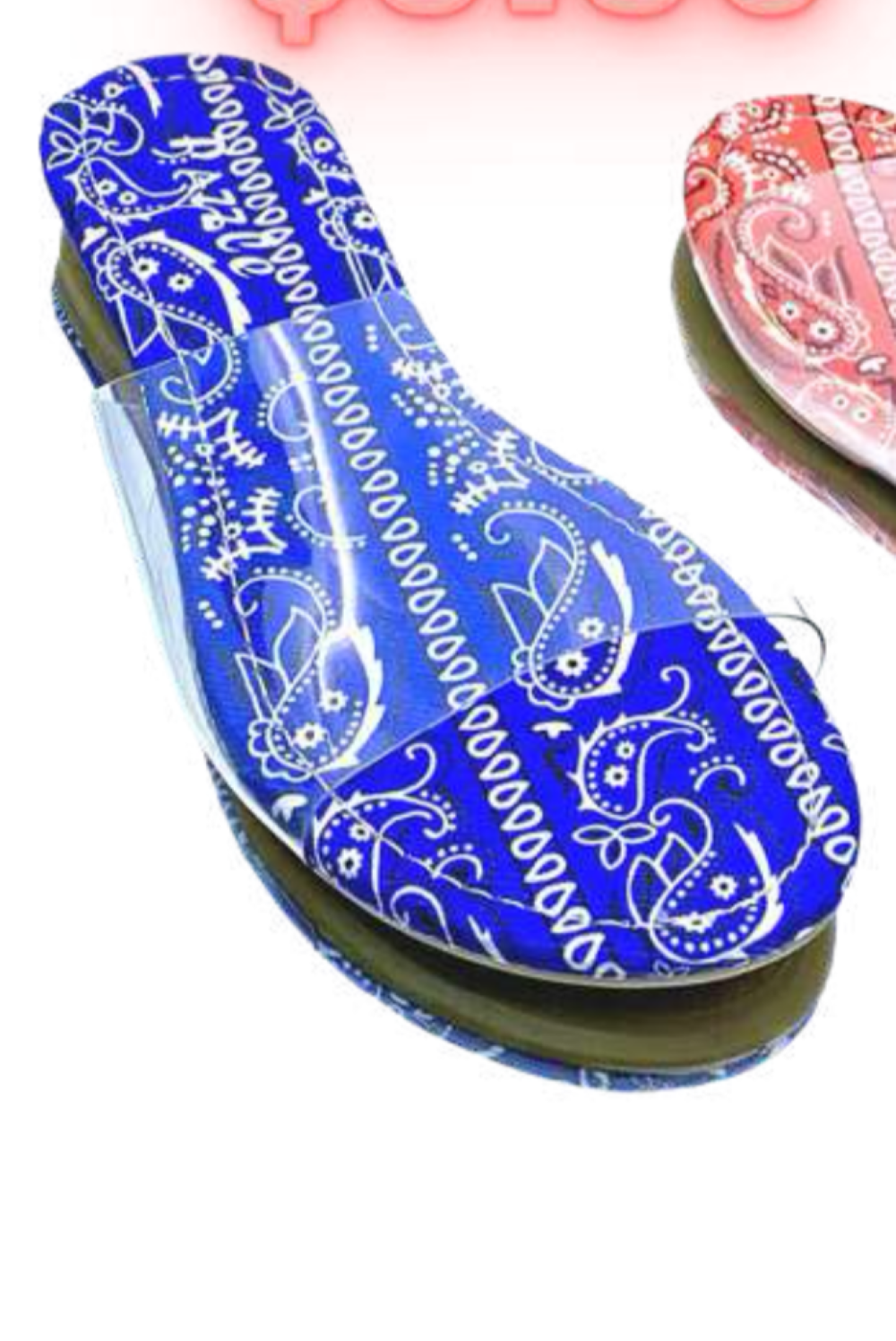 Sierra Blue Bandana Paisley Print Clear Strap Flat Slide Sandals – product shot showing royal blue bandana paisley print footbed with clear transparent PVC strap