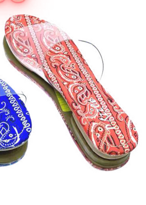 Sierra Red Bandana Paisley Print Clear Strap Flat Slide Sandals – product shot showing red and pink bandana paisley print footbed with clear transparent PVC strap