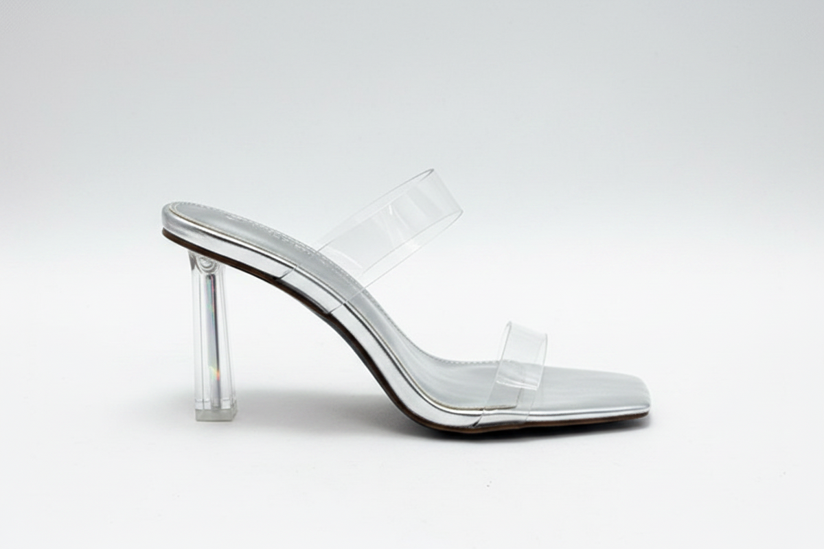 Fallon Silver Clear PVC Strap Block Heel Mules | Lucite Slingback Sandals