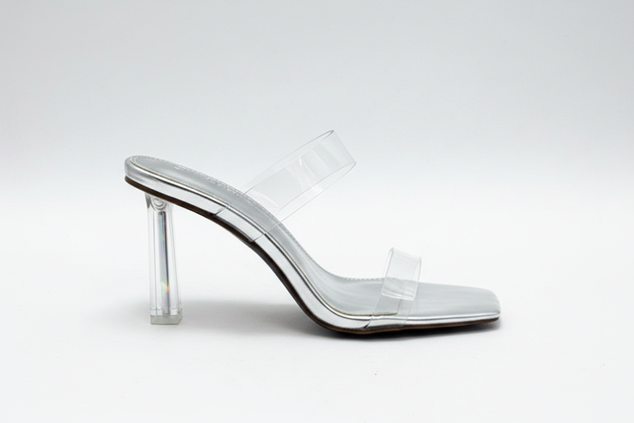  Silver Clear PVC Strap Block Heel Mules | Lucite Slingback Sandals