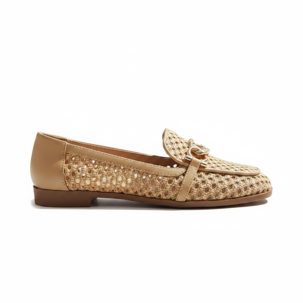 Stakes Woven Raffia Loafer Flat - Side Profile Hero