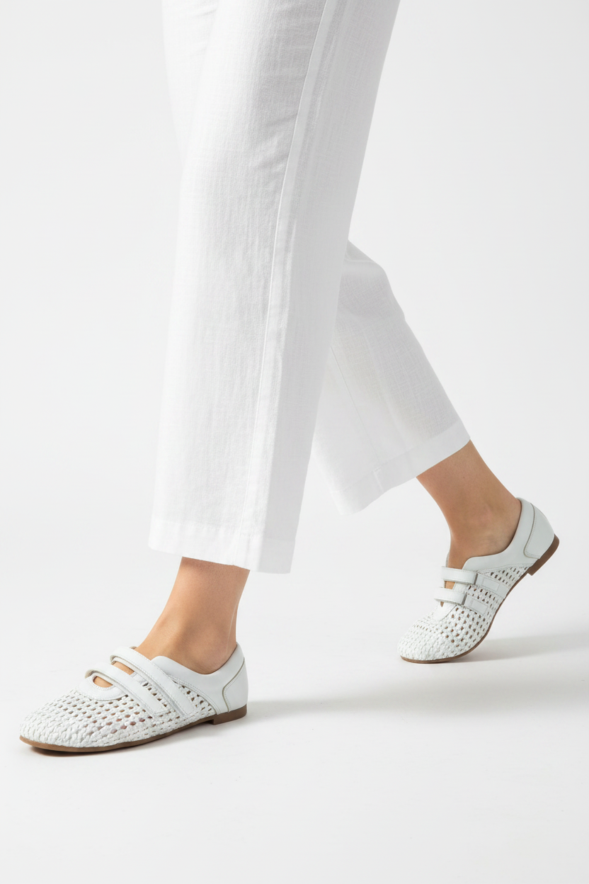 White Woven Flats — Women's Leather Mesh Double-Strap Velcro Shoes