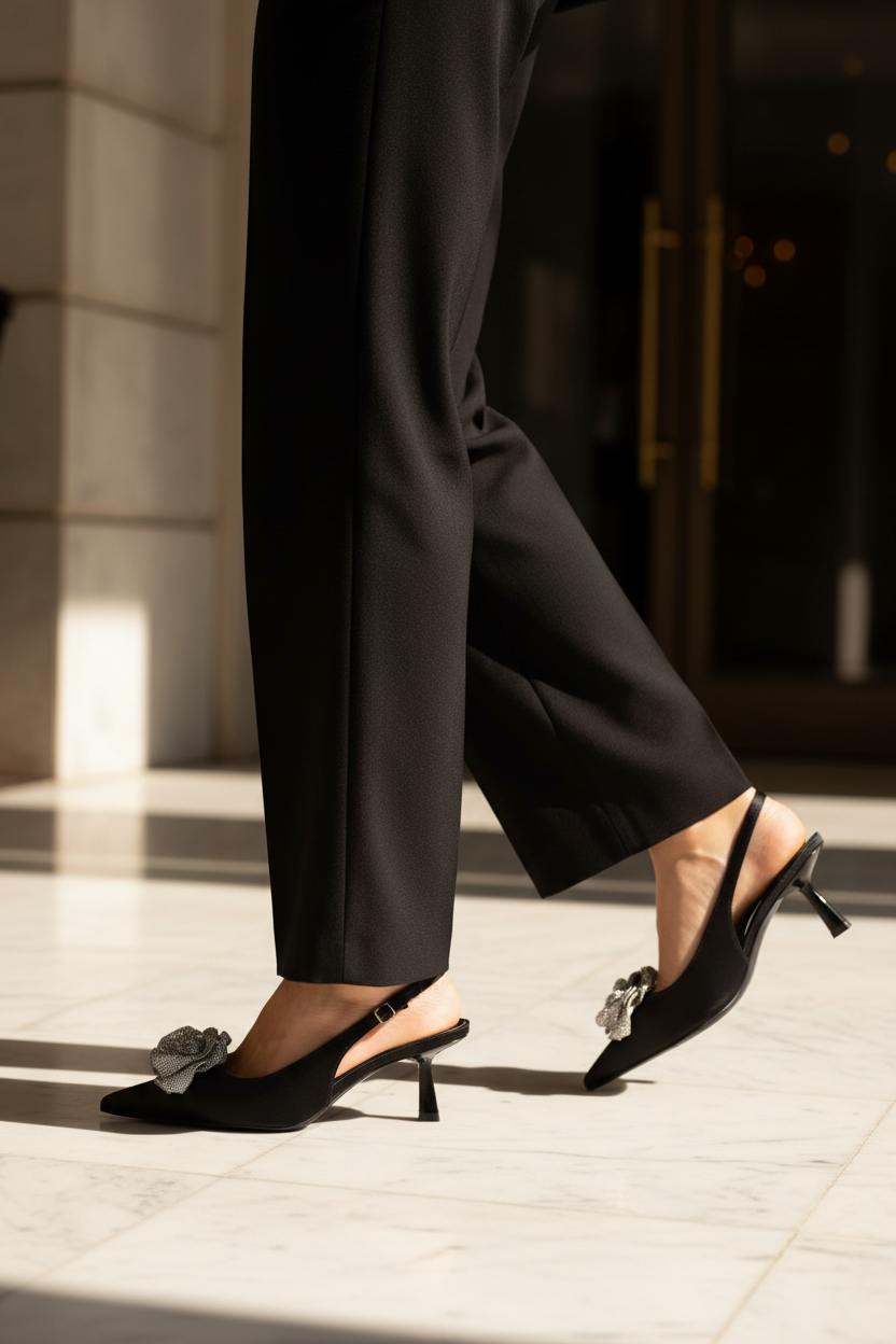 Women's Suka Black Satin Slingback Heels – Crystal Flower Pointed Toe Kitten Heel | DDK Suka
