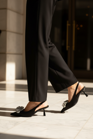 Women's Suka Black Satin Slingback Heels – Crystal Flower Pointed Toe Kitten Heel | DDK Suka