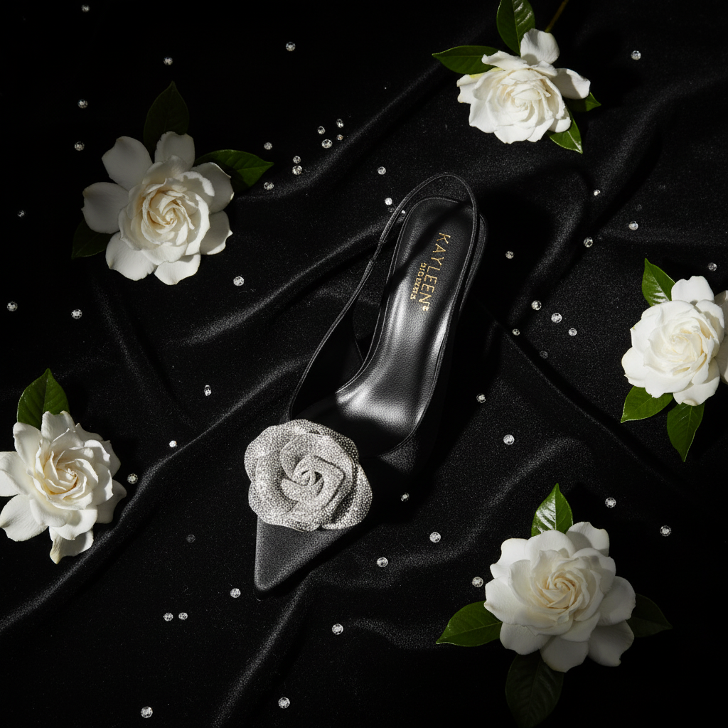 Women's Suka Black Satin Slingback Heels – Crystal Flower Pointed Toe Kitten Heel | DDK Suka