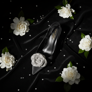 Women's Suka Black Satin Slingback Heels – Crystal Flower Pointed Toe Kitten Heel | DDK Suka