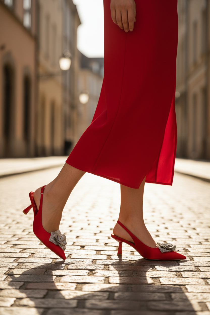 Women's Suka Red Satin Slingback Heels – Crystal Flower Pointed Toe Kitten Heel | DDK Suka