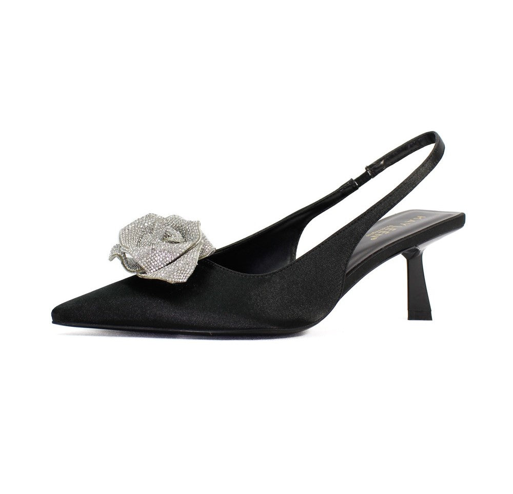 DDK Suka Rossetti Detail Sling-Back Pointy Closed Toe Low Heeled Sandals – Black