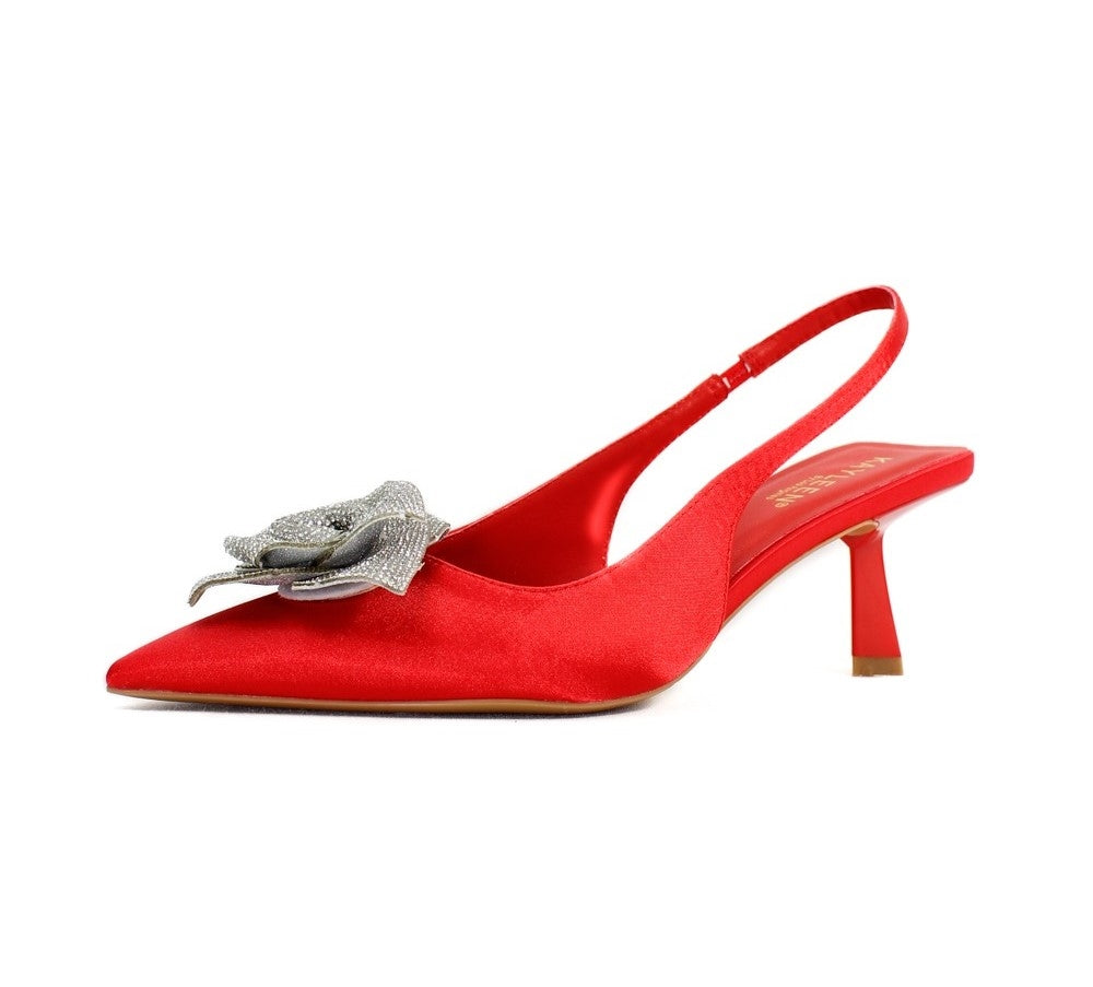 DDK Suka Rossetti Detail Sling-Back Pointy Closed Toe Low Heeled Sandals – Red