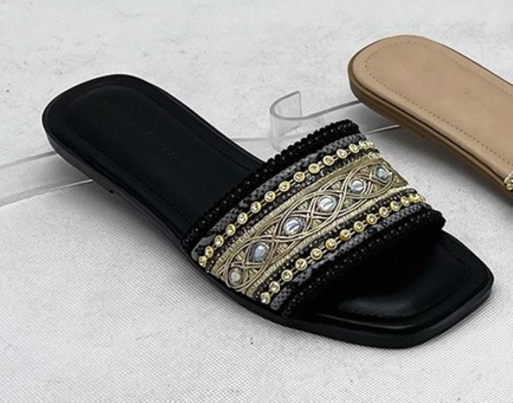 Black Gold Embroidered Crystal Flat Slide Sandals – product shot showing gold metallic embroidered band with crystal mirror jewels and black beaded border trim