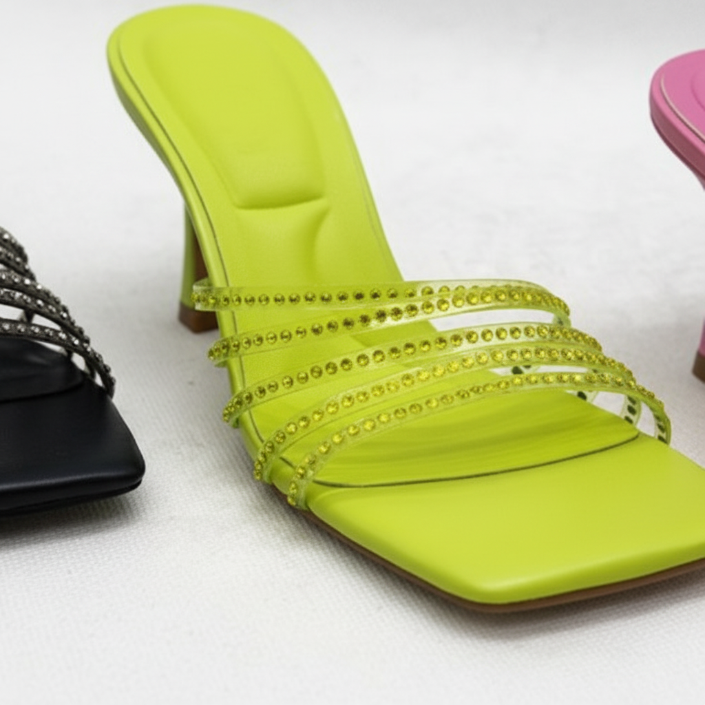 Green Rhinestone Multi-Strap Mule Heels | Evening Stiletto Sandals