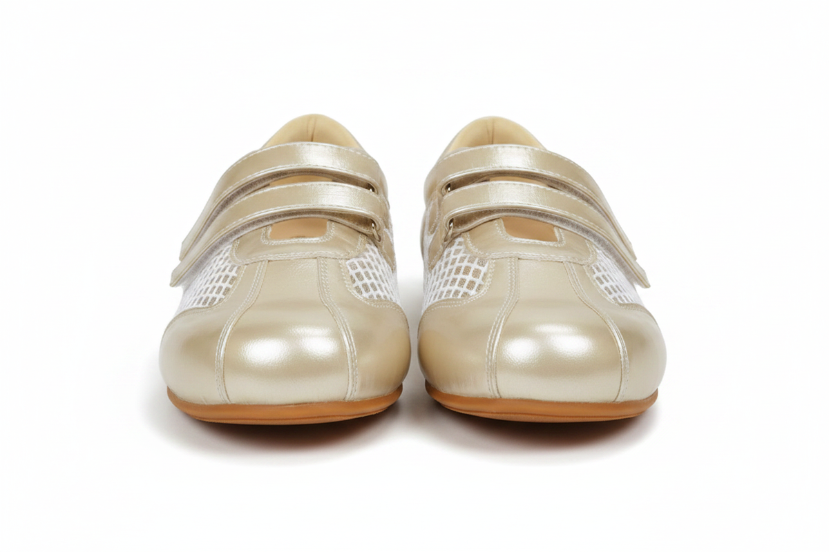Balleta Pearl Gold Velcro Flats — Women's Mesh Double-Strap Shoes