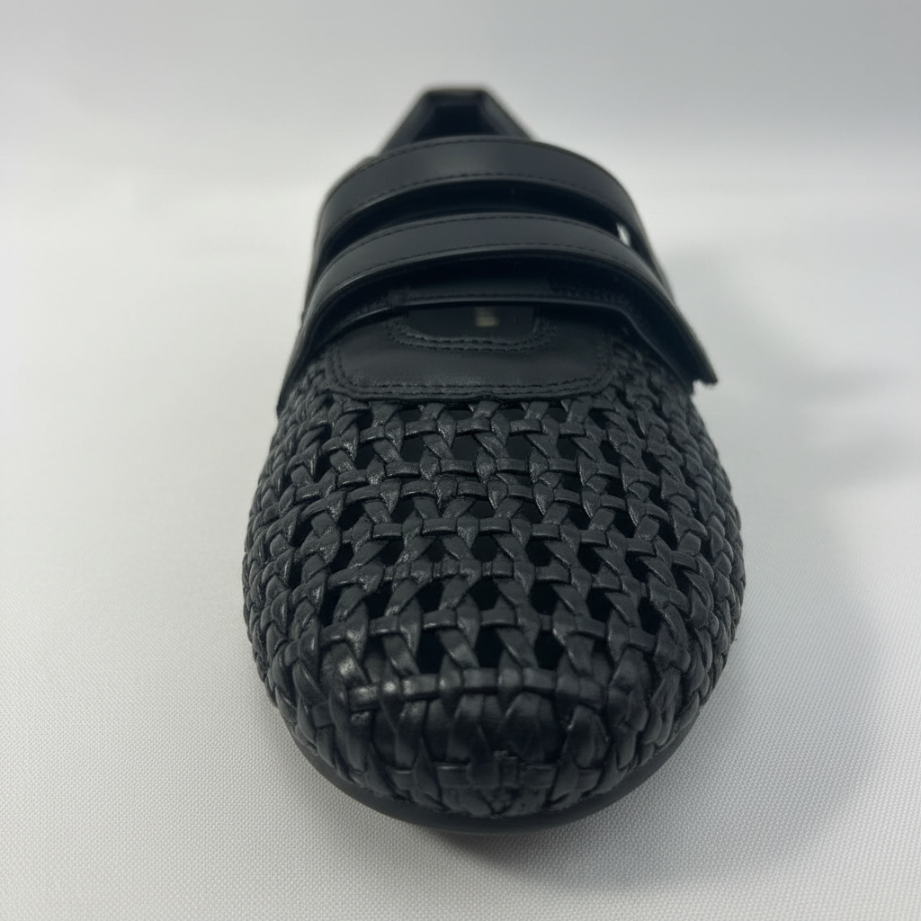 Black Woven Flats — Women's Leather Mesh Double-Strap Velcro Shoes