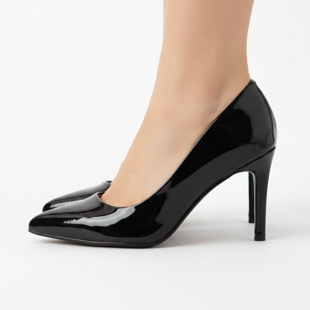 High-Vamp Court Pump – Black Patent Leather Mid-Heel