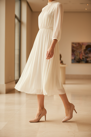High-Vamp Court Pump – Nude Patent Leather Mid-Heel