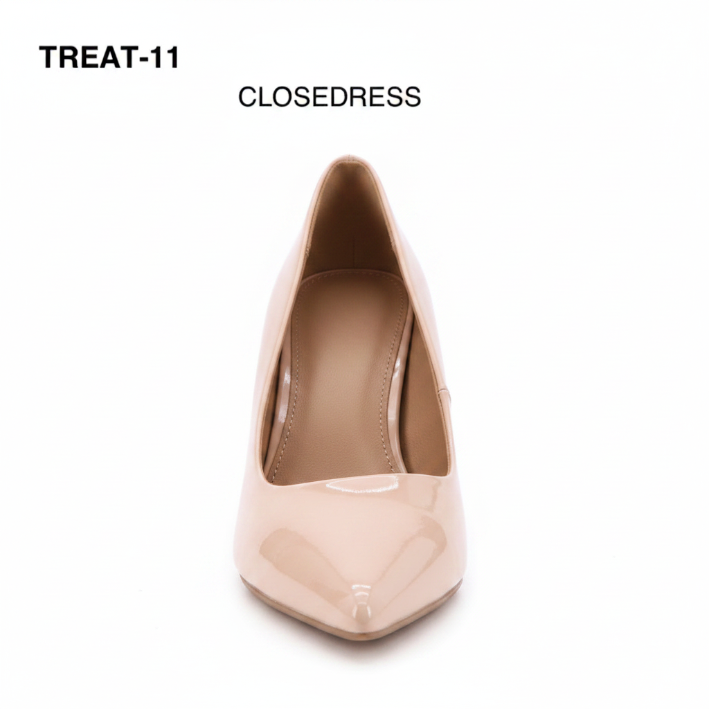 High-Vamp Court Pump – Nude Patent Leather Mid-Heel