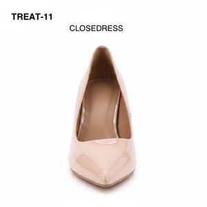 High-Vamp Court Pump – Nude Patent Leather Mid-Heel
