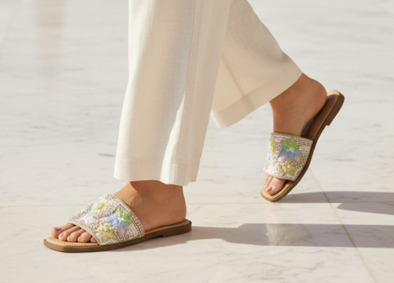 Vinny Beige-Multi Slide – Hand-Embroidered Floral Flat Sandal