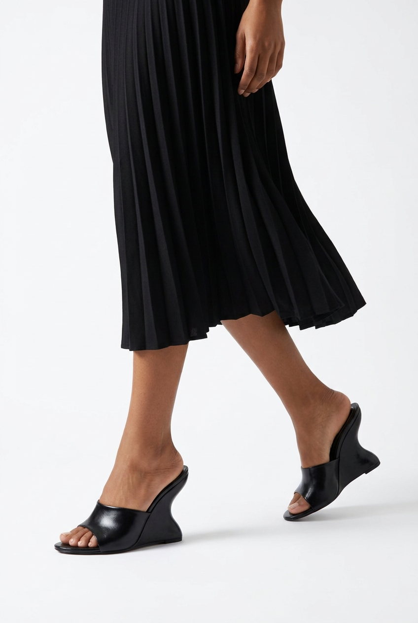 White-studio walking pose featuring Disappear Black mule heels