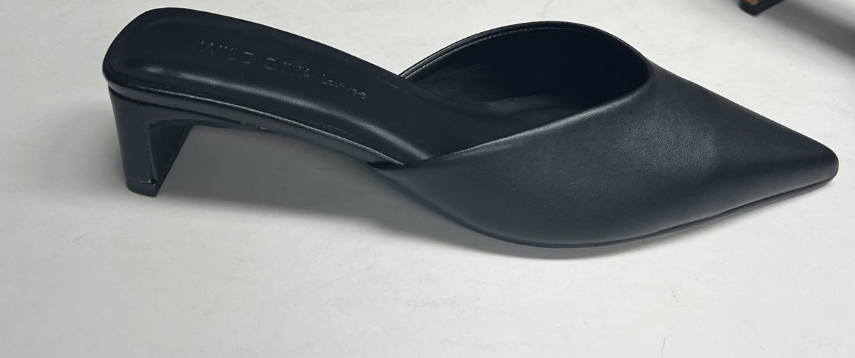 Willy Black Kitten Heel Mules — Women's Pointed-Toe Slip-On Mule Shoes