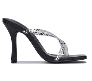 Diamante Studded Square Toe Slip-on Stiletto Heel-Black