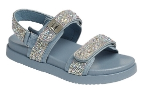 Gigi Rhinestone Embellished Adjustable Velcro Double Strap Chunky Sandals-Denim