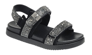 Gigi Rhinestone Embellished Adjustable Velcro Double Strap Chunky Sandals-Black