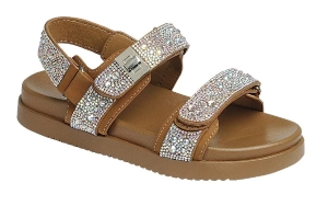 Gigi Rhinestone Embellished Adjustable Velcro Double Strap Chunky Sandals-Brown