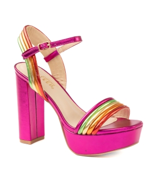 Asiaa-27 Ankle Strap Chunky Platform Square Open Toe Block Heel-Fuchsia