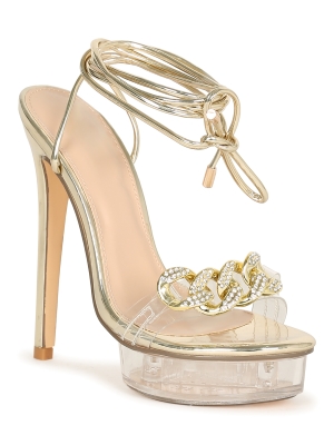 Devicca-15 Rhinestone Chain Detail Platform Stiletto Heel Sandals-Gold